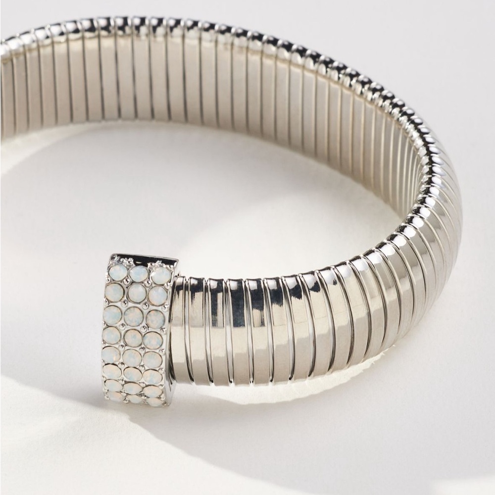 Anthropologie Pave silver ribbed cuff bracelet with jeweled trim